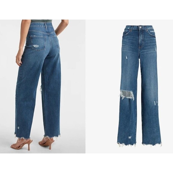 EXPRESS Super High Waisted Ripped Raw Hem 90s Wide Leg Jeans 14 L - Picture 12 of 12